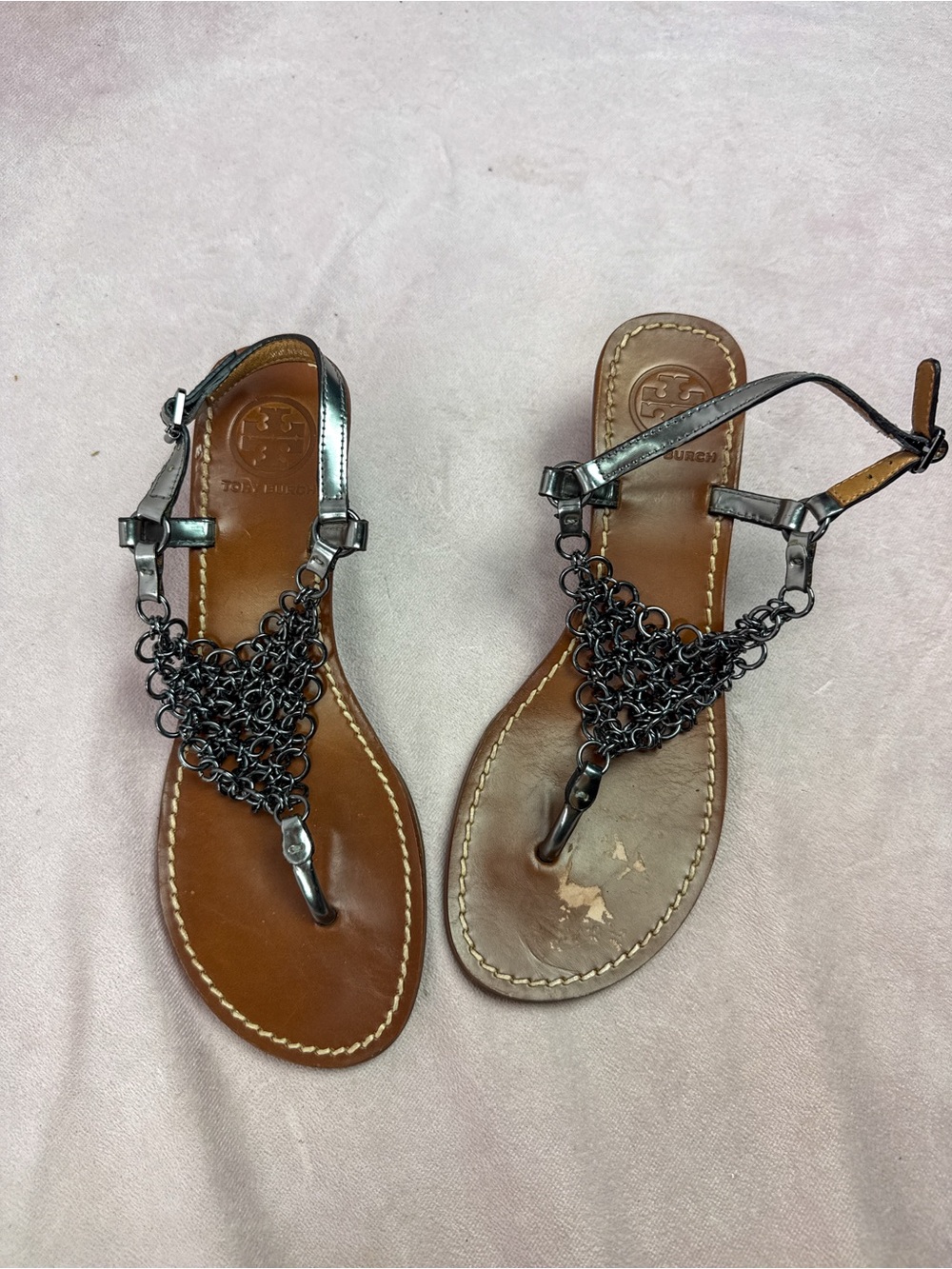Tory Burch Womens Chainmail Slingback Thong Wedge Sandals Size 8 RARE